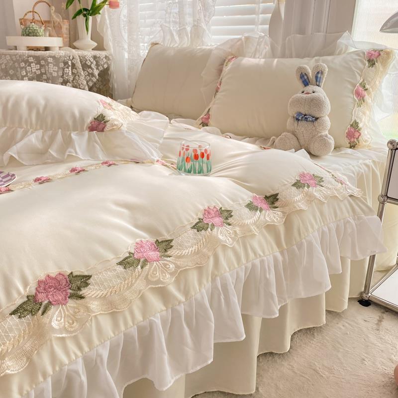 プリンセスベッドシーツ4点セットウォッシュドコットンベッドスカートドミトリーキルトカバーサマー3点セット