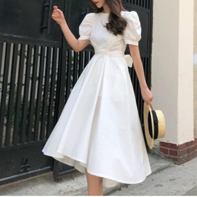 ドレス おすすめ おしゃれ お洒落 激安 安い プチプラ お呼ばれ ドレス カジュアル ドレス Aライン パフスリーブ ミニスカート 膝丈 ボリュームスリーブ ふんわり 韓国 フォーマル l