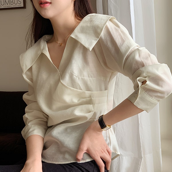 (フェミニン/デートコーデ/ゲストルック) ロレンツ カラー ラップ Vネック サイドタック シャーリング ブラウス bs8110