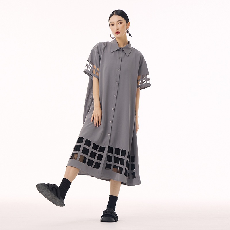 【J.Fashion】 透かし彫り チュールドッキング 半袖ワンピース おしゃれ レディース シャツワンピース 関連商品購入可能 メガ割