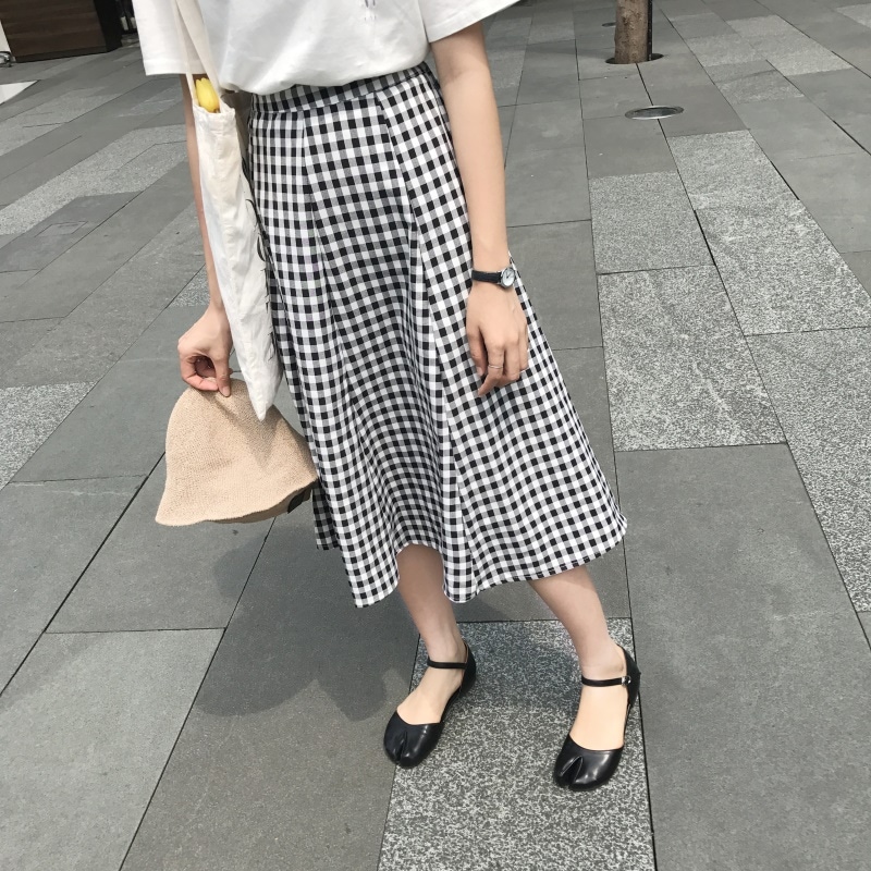 3036.カジュアル チェック柄ロングスカート（ブラック）