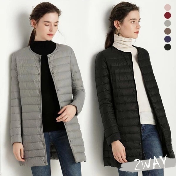 ダウンジャケット キルティング インナーダウン レディース ロング ライトダウン 2way 前開き ロングダウン ダウンインナー ジャケット ノーカラー コート インナーダウンライト 軽量 防寒 暖