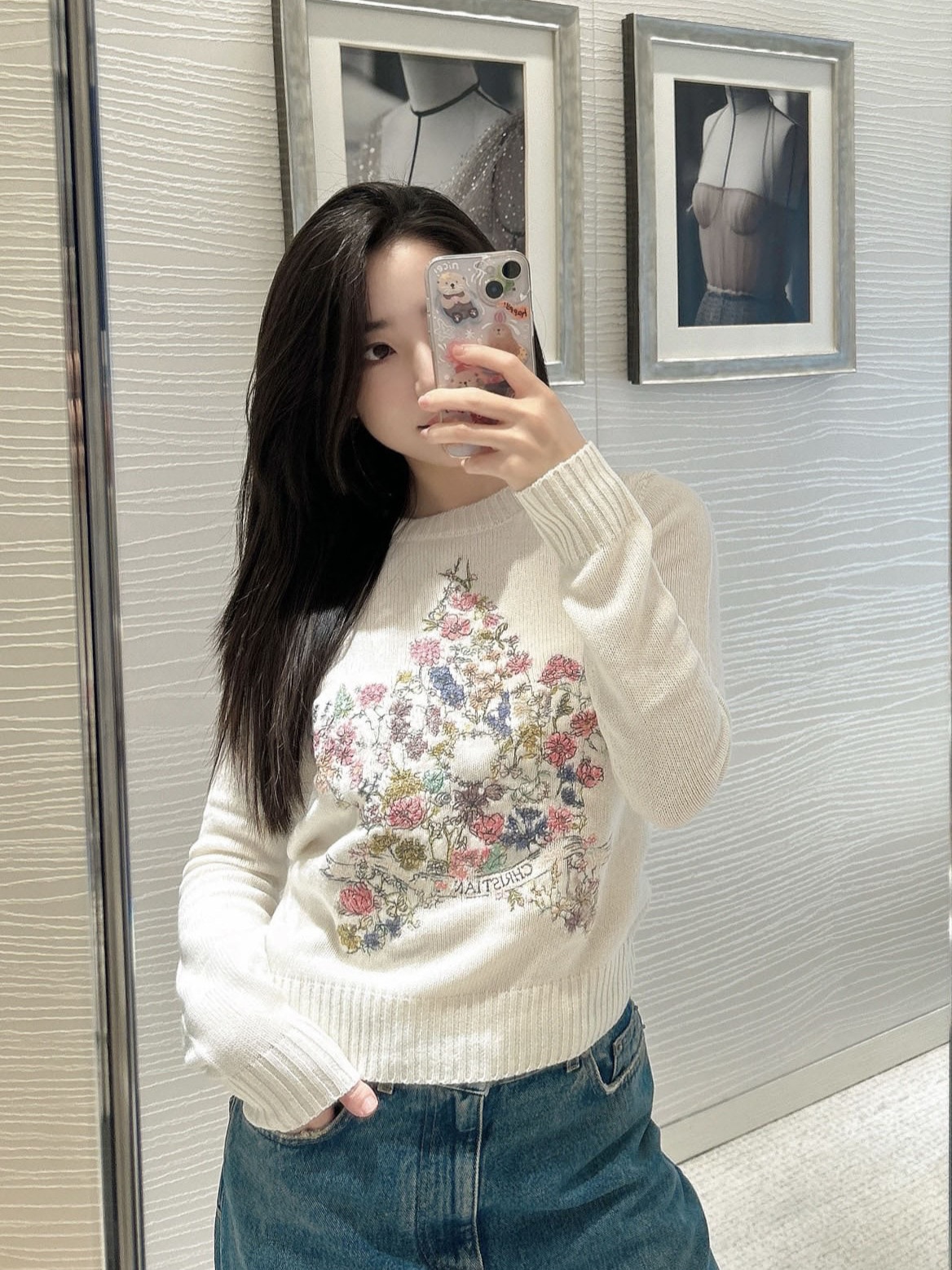 クルーネックニット刺繍重工フラワーパーカセーター長袖パーカ25秋冬