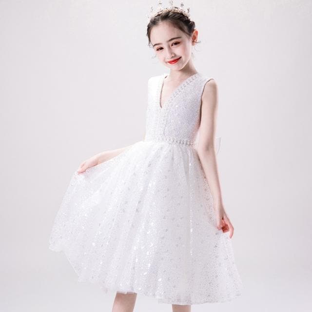 子供 ドレス ワンピース 白 可愛い キッズドレス ピアノ 発表会 女の子 ドレス 子ども 結婚式 フォーマル 子供服 ワンピース ノースリーブ パール リボン Vネック シフォン 100 110 1