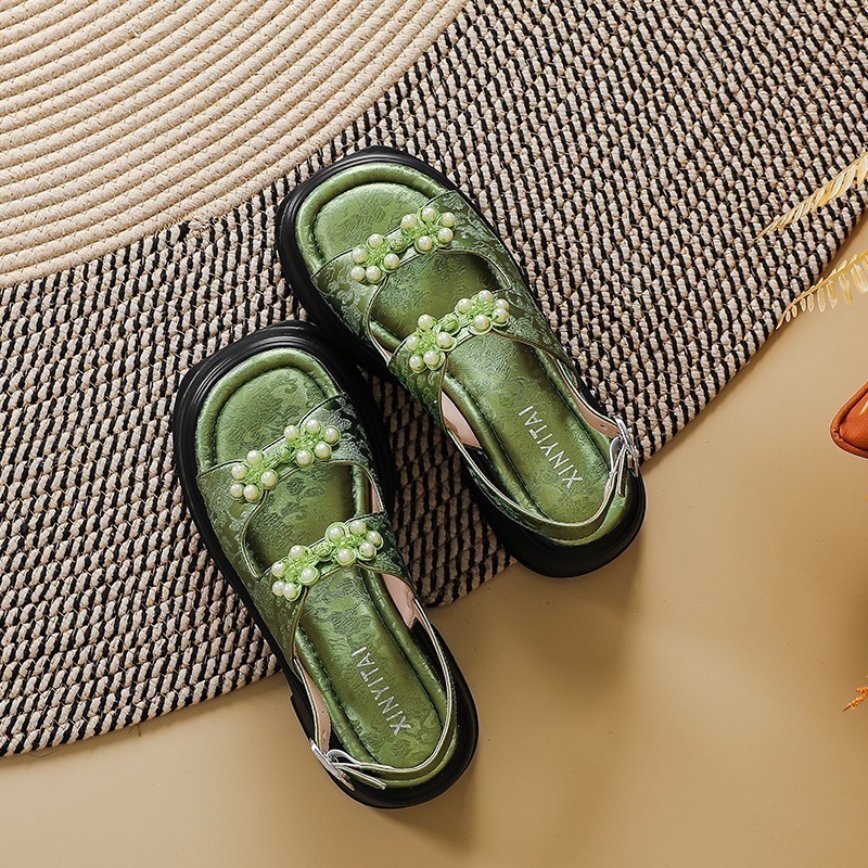 【急速出荷】送.料.無.料.サンダル 厚底 パールリボン太ヒール バックルサンダル 走れるパンプス