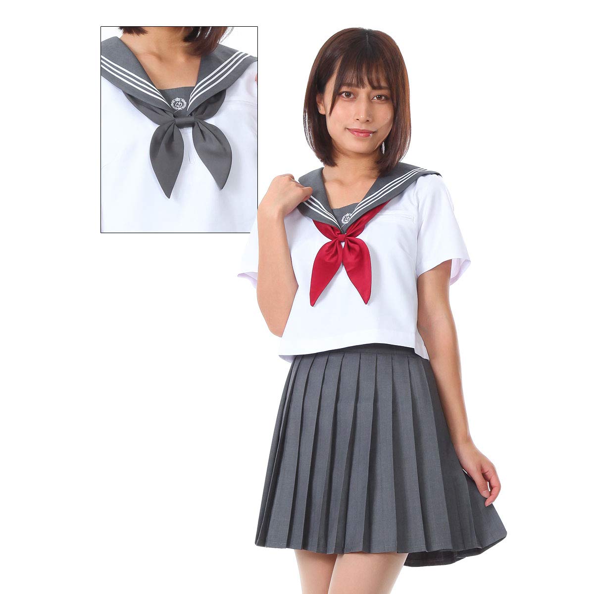 リボン2個セット セーラー服 コスプレ 女子高生 制服 コスチューム 白 紺 赤 JK 学生服 仮装 衣装 (Lサイズ, 半袖(グレー)×ミニスカート(グレー)d007 36668