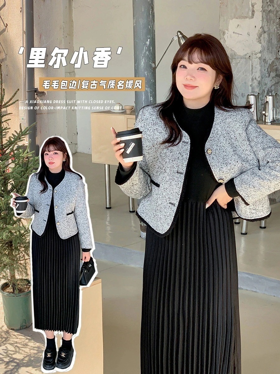ぽちゃまに 上下セット レトロ トップス+ニットワンピース 大きいサイズ 体型カバー レディース 卒業式 卒園式 母のスーツセット ニットセット