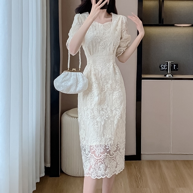 ワンピース ミモレ丈ワンピース 5分袖 ハートネック パフスリーブ ハイウエスト 刺繡 シースルー バックリボン バックスリット 可愛い かわいい 大人可愛い きれいめ シンプル 上品 おしゃれ