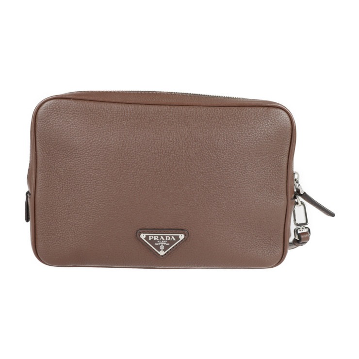 超美品 PRADA プラダ セカンドバッグ 2VF007 三角ロゴプレート レザー ブラウン シルバー金具 クラッチバッグ ハンドバッグ トライアングルロゴ 本物保証 中古