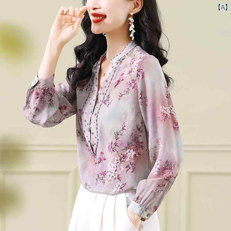 トップス ブラウス レディース グラデーション 花柄 ライト 豪華感 サクラ風 ビーズ シャツ パール レディース フェミニン おしゃれ