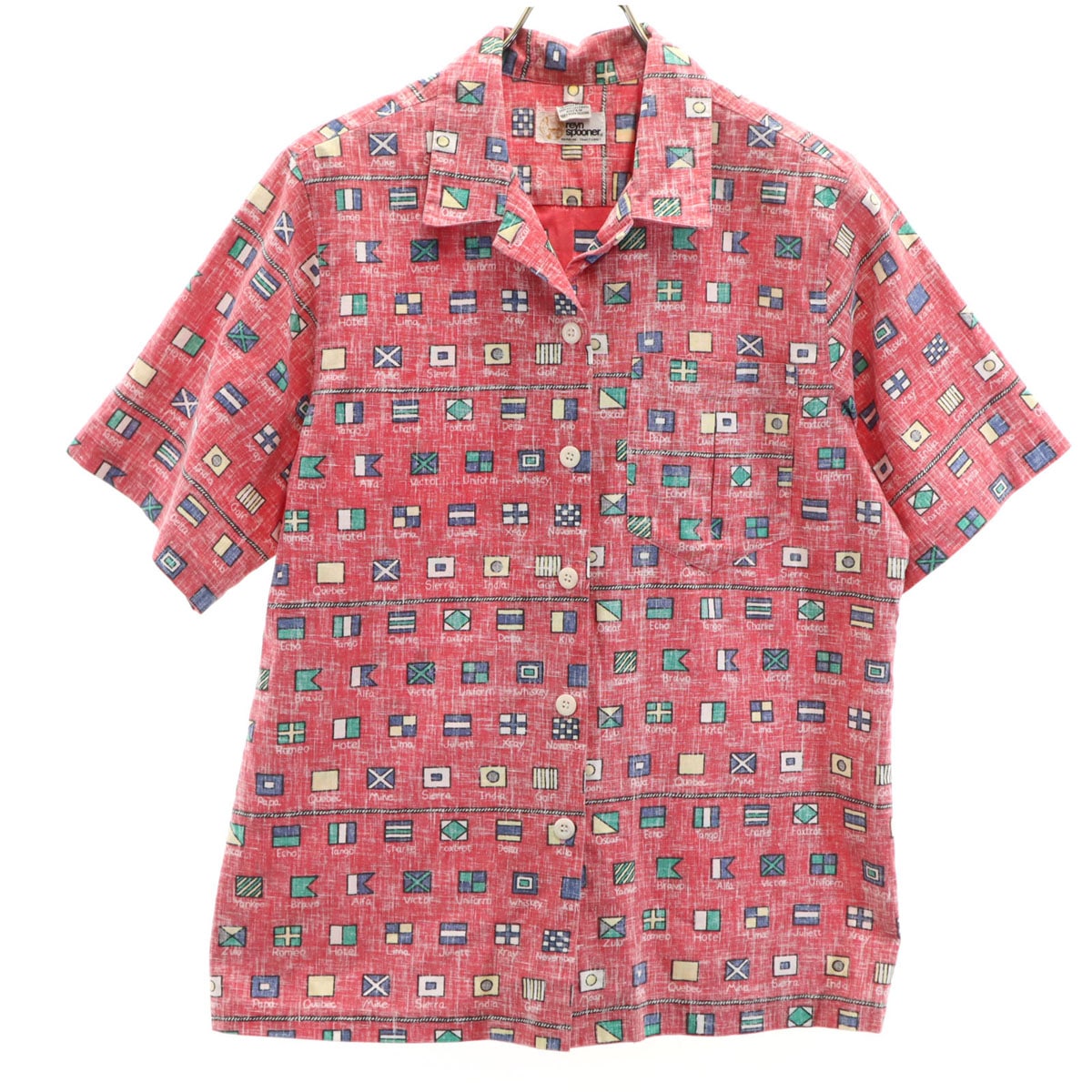 80s ヴィンテージ 金タグ リバースプリント 国旗柄 半袖 アロハシャツ S レッド レディース 古着