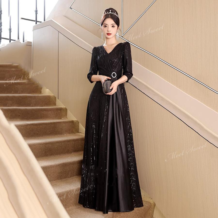 カラードレス ブラック シャンパン 袖付き スパンコール 演奏会用ドレス 結婚式 演奏会 二次会 フォーマル パーティードレス 20代 30代 40代 50代