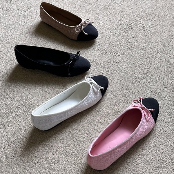 バレエシューズ パンプス りぼん リボン ツイード キャップトゥ フラット レディース ぺたんこ 黒 白 ブラック ピンク ベージュ ホワイト 靴 婦人靴 韓国 7,813円