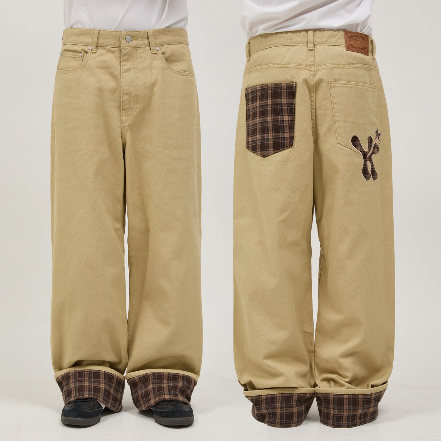 Check Applique Roll Up Cotton Pants BEIGE