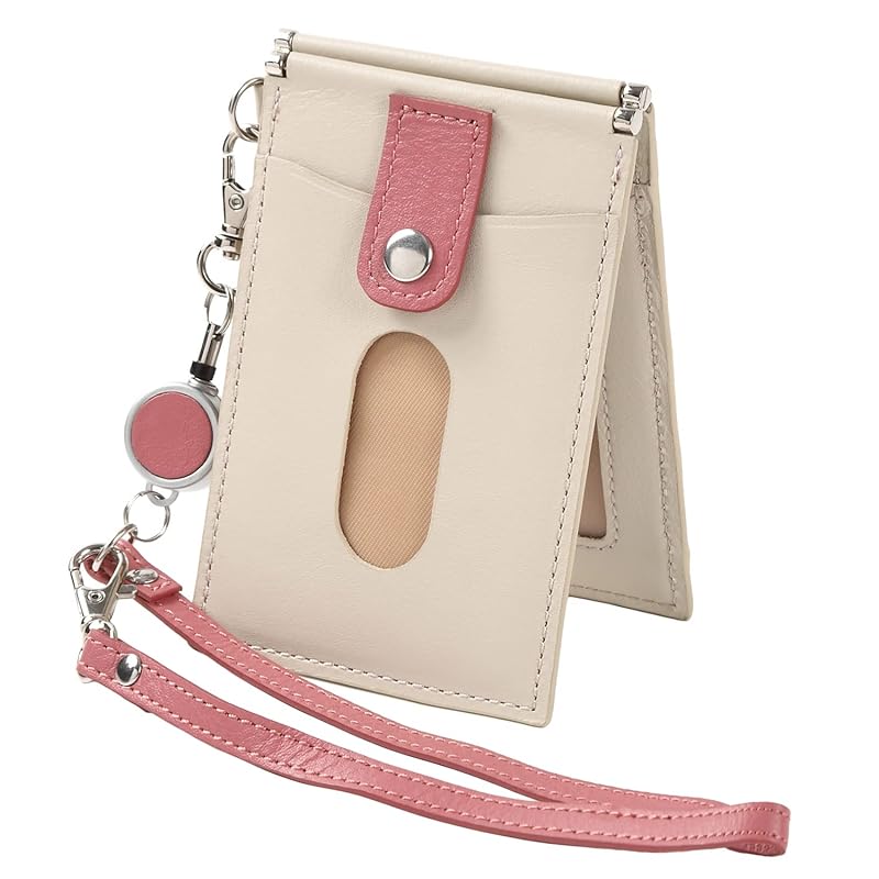 [モノボックス] 牛本革 落ちない パスケース カード2枚使用 バタフライタイプ 小銭ポケット 伸縮リール ka-monolether01 本体+ストラップ ベージュ