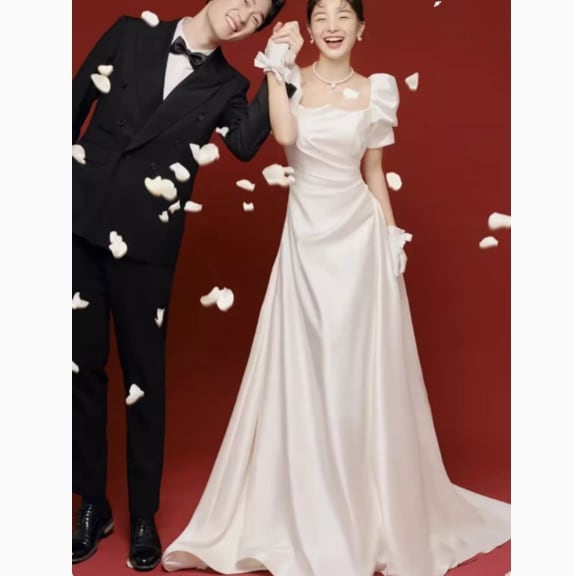 ドレス ワンピース ウェディング パーティー 結婚式 二次会 披露宴 演奏会 ステージ 舞台 衣装 コスプレ 謝恩会 演劇 ロング 5分袖 スクエアネック スレンダー スリム フレア Aライン