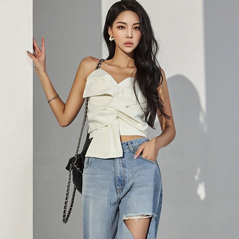 DINT_B9141 リボン ツイスト チューブトップ クロップ ブラウス