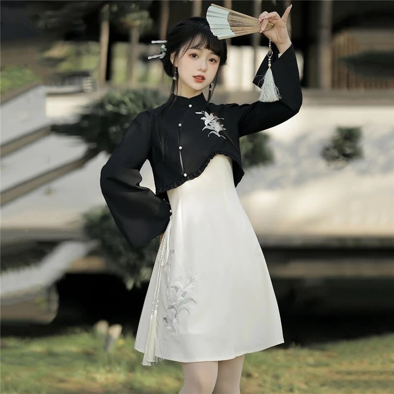 中華ロリータワンピース セット ロリータ ファッション コスチューム ユリ 花柄刺繍 チャイナ風ワンピース
