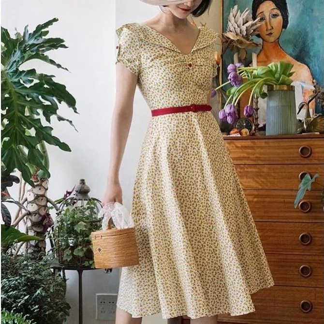 小花柄レトロワンピース ワンピース 結婚式 ドレス 結婚式 二次会 入園式 卒業式 大人 上品 入学式 OL レディース ロング丈 半袖 花柄 春 夏 秋 冬 6,153円