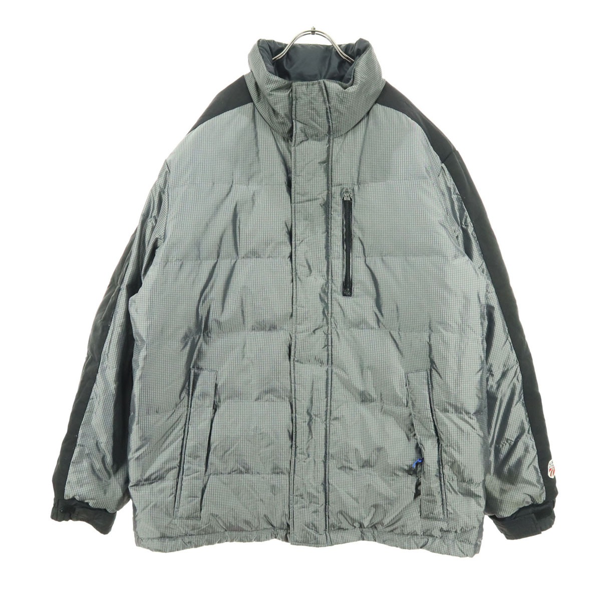 リバーシブル スクエア柄 長袖 ダウンジャケット XL グレー系 メンズ 古着