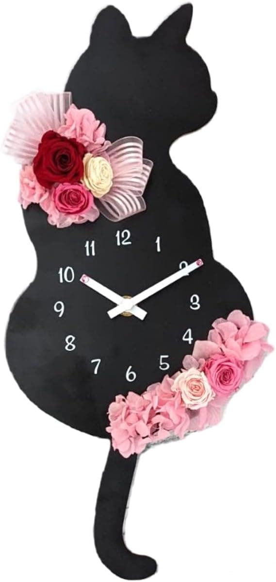 クロネコ 花時計 選べる5color プリザーブドフラワー 壁掛け時計 振り子時計 ｃぉｃｋ サイズ:W172XD45xH400mm Lulus-0639