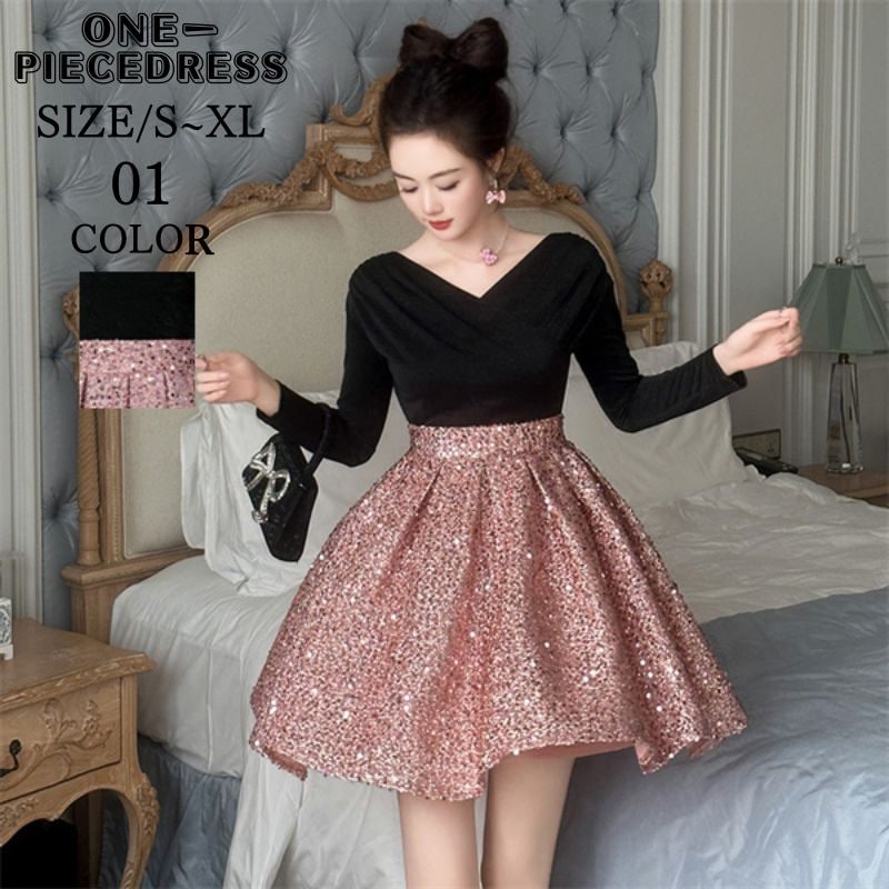 ピンクラメ装飾が特徴のミニワンピース　ドッキングドレス　フレアワンピース　ミニ丈ドレス　フォーマルパーティードレス　ライトドレス　姫系　切り替え　長袖　Vネックセクシー上品 大人 きれいめ スナック