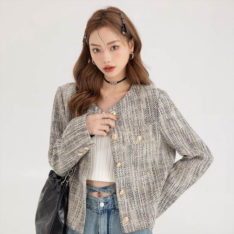 アウター ツイード ジャケット ノーカラー レディース 個性的 長袖 グレー XS S M L 春 秋 お洒落 大人可愛い きれいめ 上品 シンプル エレガント 防寒 暖かい 前開き ボタン シック