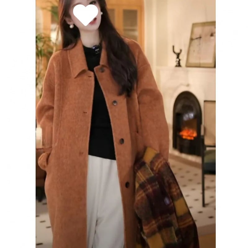 高級アルパカウールとマルベリーシルクを使用した秋冬カシミヤのゆったりとしたスリムミドル丈コートダブルフェイスウールコート