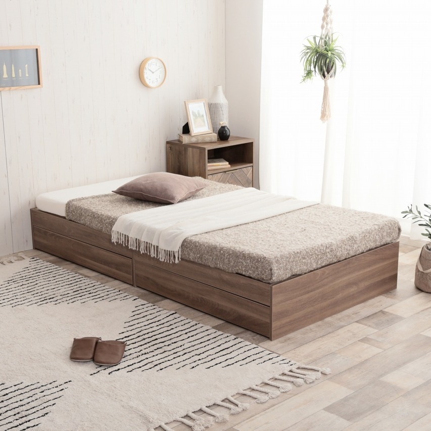 シングルベッド+マットレスセット（高密度アドバンスポケットコイル） ヘッドレスベッド 収納付き Glad