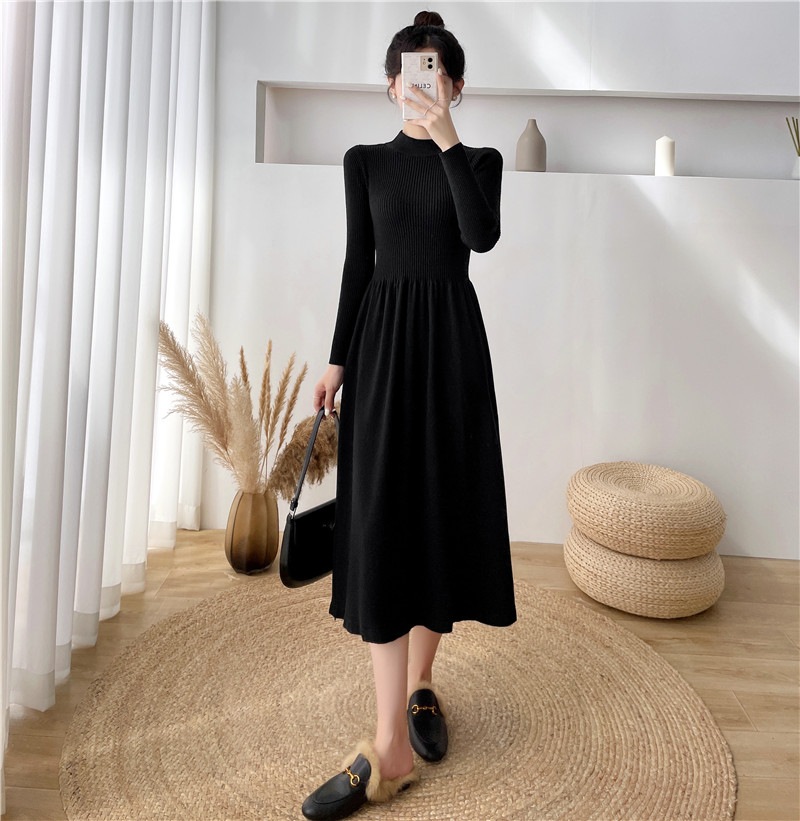セミハイネックボトムニットドレス女性のミディアムレングス秋と冬の内側の小さな黒いドレスヘップバーンスタイル小さな人々のセーターのドレス 5,168円