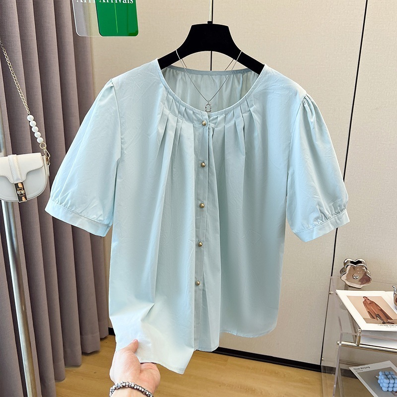 【1つ買うと10つ無料】丸いスリーブラウンドネックルーズカジュアル2025夏のスタイルファッショナブルな汎用シャツシャツ女性のトレンディ