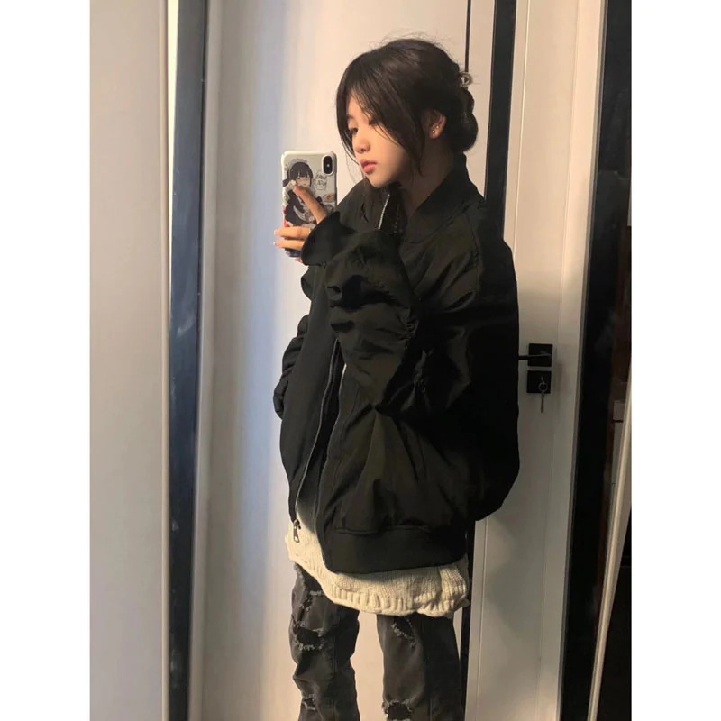 ゆったり レディース アウター かわいい 2025秋冬 通学サイズフルトラック 韓国 学生 ブルゾンお出かけ黑長袖セクシーシルエットトップスサイドカジュアルファッション系ドロップショルダー