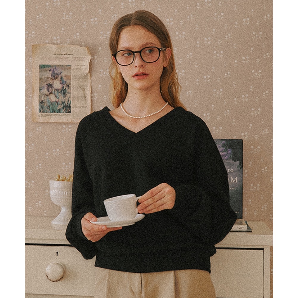 ロンロン V ネックオーバーフィットスウェットシャツ ブラック
