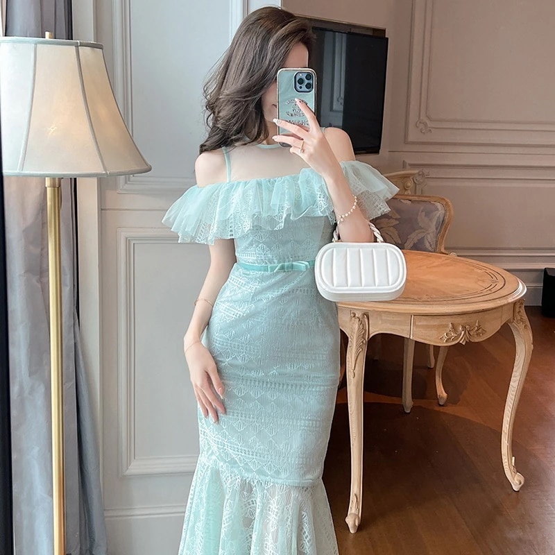 【JY.上品】 マーメイド チュール フリル 夏 キャミワンピース オフショル ドレス パーティー キャバ 着痩せ 大人 お呼ばれ 同窓会 披露宴 卒業式 結婚式 ウェディング 二次会 成人式30%ま