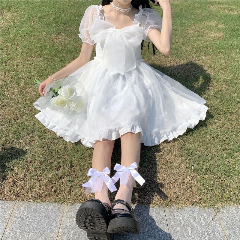 【1つ買うと10つ無料】2025夏の弓ウエスト薄いドレスバブルスリーブスリーブプリンセススカート