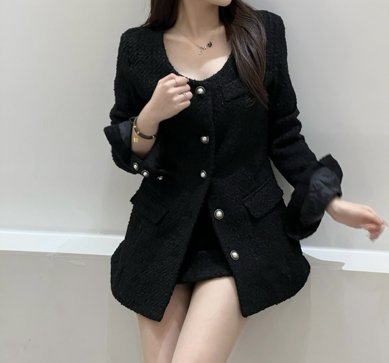 [社長おすすめ/ウール素材] ジュリーツイードset-ジャケット(2color-ブラックアイボリー)