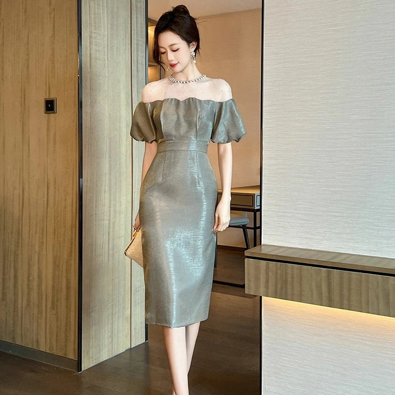 パーティードレス ヒップスカート オケージョンドレス イブニングドレス 光沢感 華やか エレガント 上品 おしゃれ きれいめ 二次会 お呼ばれ 透け感 カクテルドレス ゴージャス