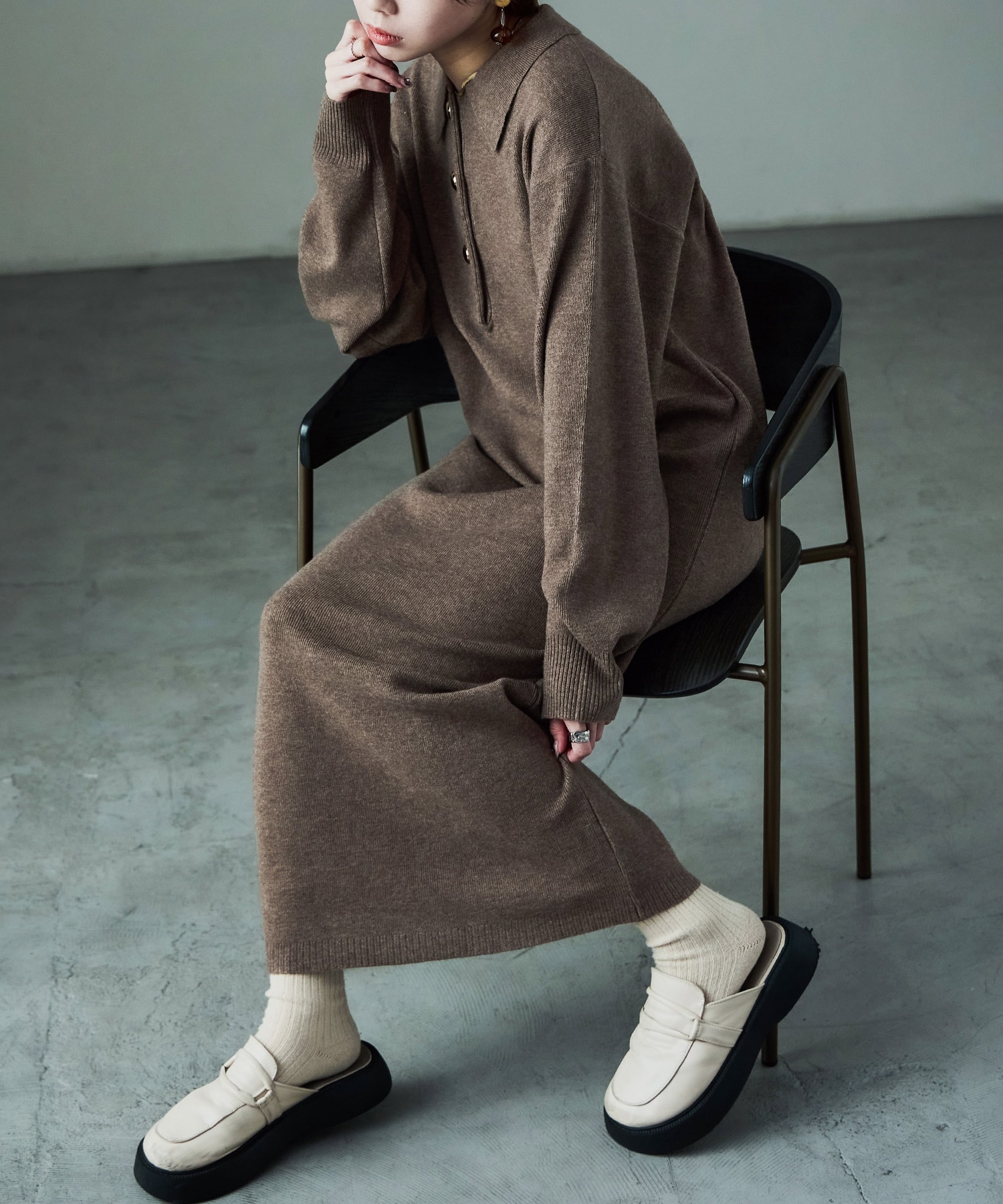 衿付き シャツニットワンピース 金ボタン 襟付き オーバーサイズ ニットワンピース ゆったり 大きめ ロング丈 マキシ丈 ニット 低身長 高身長 トップス ワンピース レディース 長袖 セーター 秋