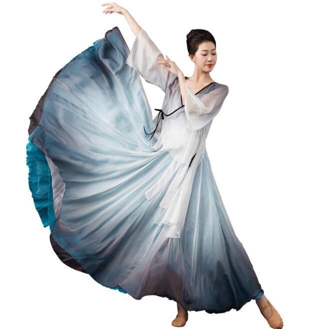 女性 ダンス衣装 720度 大きい裾スカート ロング丈 グラデーション 広がるラップスカート 巻きスカート チュールシャツ フレア袖 チャイナ服 女性 民族ダンス 古典ダンス 舞台演出服 グリーン