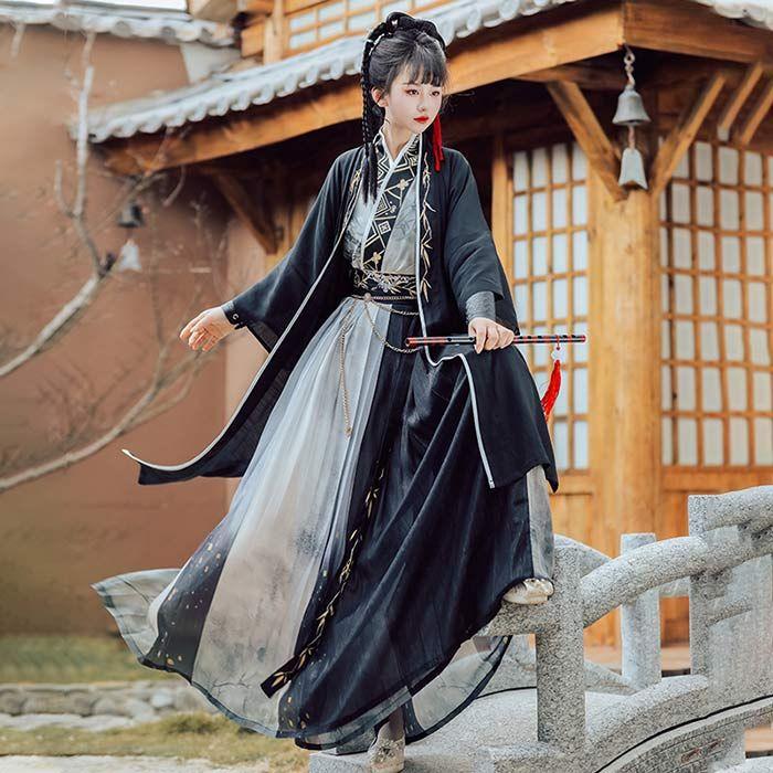 中華コスプレ衣装 漢服 メンズ レディース 男女兼用 黒 チャイナ服 上下4点セット 華流 コスチューム グラデーション 鶴柄 チャイナ風 舞台衣裳 ステージ衣装 ハ