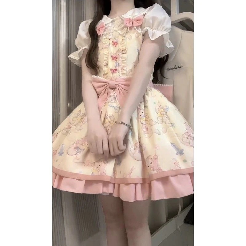 二次元 ロリータ かわいい少女シャツリボンパッチワークプリントストラップスカートセット