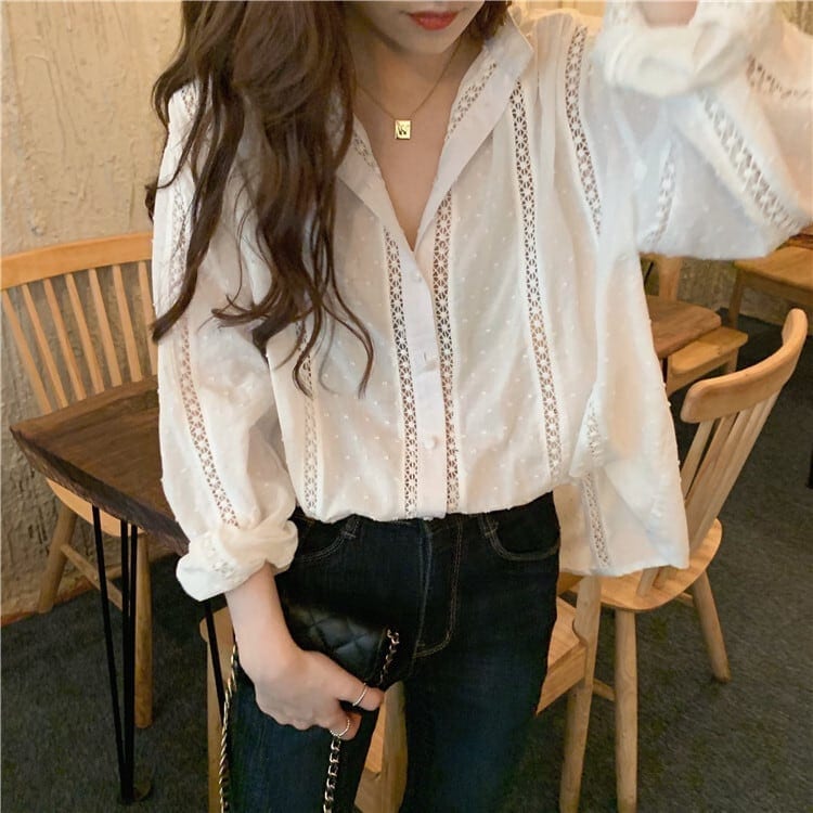 シフォン シャツ ブラウス レディース l デザイントップス ドット柄 ステッチ レトロ 長袖 韓国 春 夏 秋 10代 20代 30代 40代 ホワイト 白 大人 きれいめ トップス コーデ