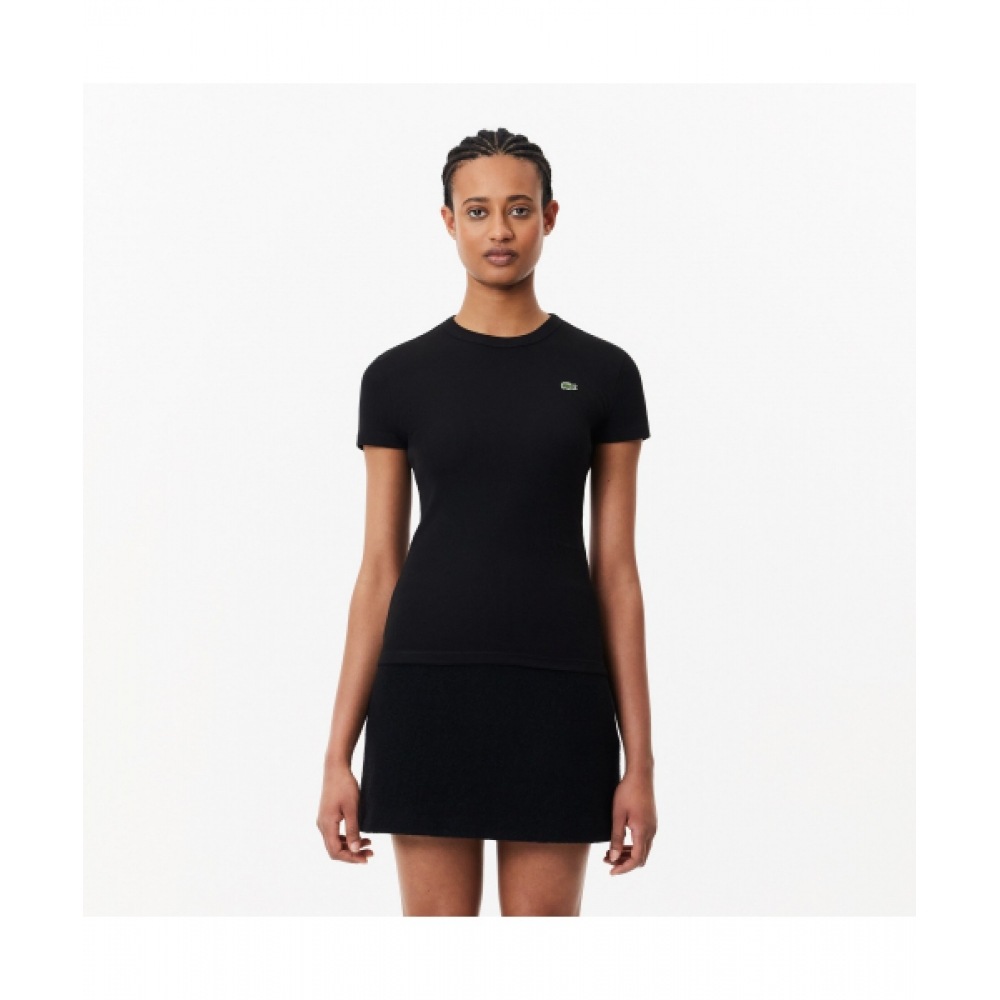 LACOSTE レディースリブ付きスリムフィット半袖Tシャツ [ブラック]