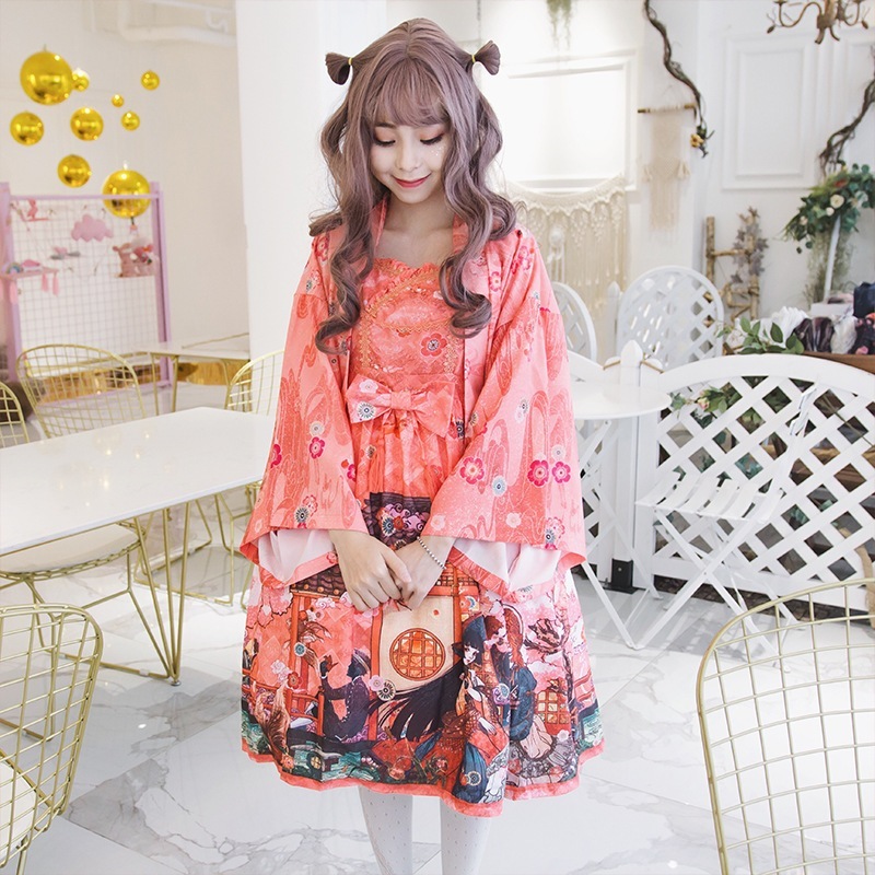 ロマンチックなプリンセススカート 和風雪紡プリントワンピース ロリータワンピース