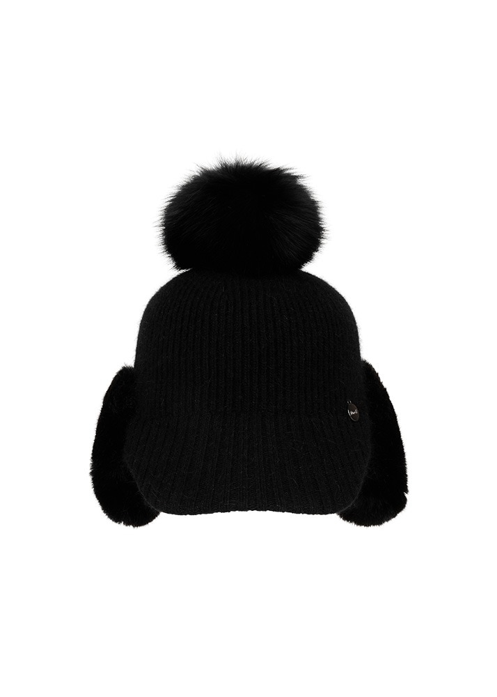 アンゴラ耳当てニットキャップ BLACK