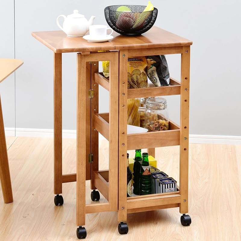 【即納】[山善] ワゴン キャスター付き 3段 (折りたたみ) キッチン 作業台 幅45×奥行40/62×高さ85 棚板高さ調節 バタフライ テーブル 調味料ラック 組立品 天然木 ミッドブラウン