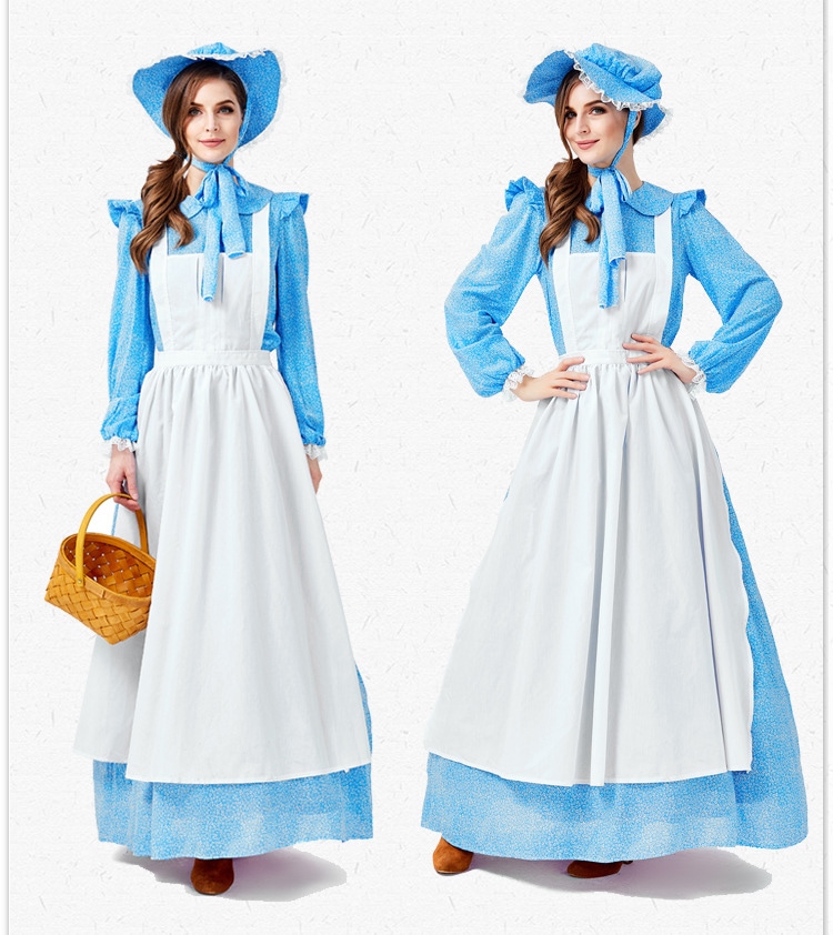 ハロウィン衣装大人のメイド服青キャップワンピースレディースファームウェアコスプレ