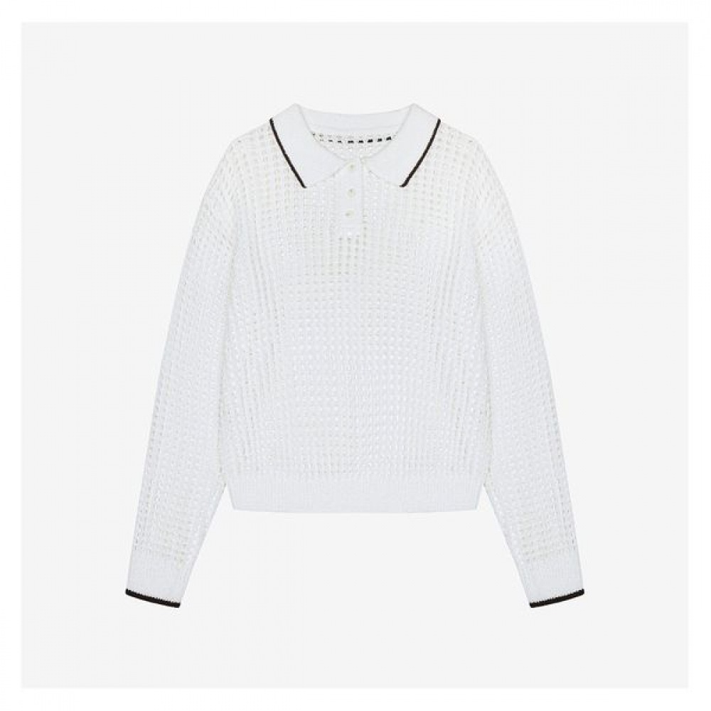 [イザベイ] パンチングニットボタンカラーネックプルオーバー (VKUCE2967)