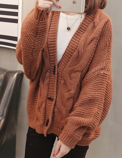 5087.ざっくりニットカーディガン（ブラウン）2019春夏 sale アウター トップス 美ライン おしゃれ カジュアル ボリューム袖 長袖 オフィス ビジネス お出かけ 女子会 普段使い 通勤 通