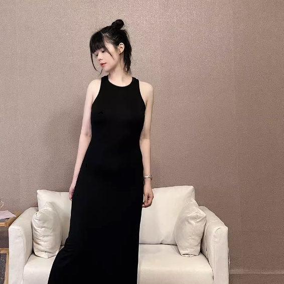 ワンピース ワンピドレス ロング ロング丈 袖なし ノースリーブ ラウンドネック 襟なし ストレート Iライン ハイウエスト かわいい 大人可愛い きれいめ シンプル 大人 おしゃれ お洒落 アジアン